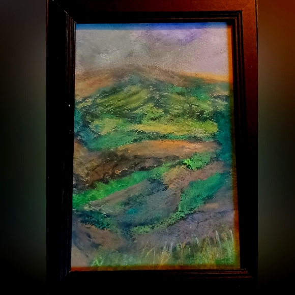 Orignal framed Oil painting of mountains and valleys framed size 4"x6".